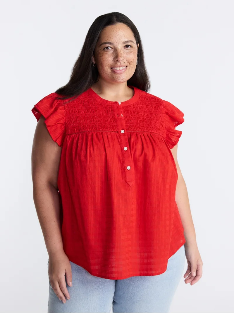 Terra & Sky Women\u2019s Smocked Yoke Blouse with Flutter Sleeves, Sizes 0X-5X | Walmart (US)
