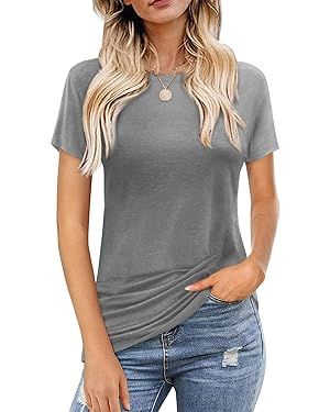 Women T Shirts Summer Plain Short Sleeve Crew Neck Tee Tops Blouse | Amazon (US)