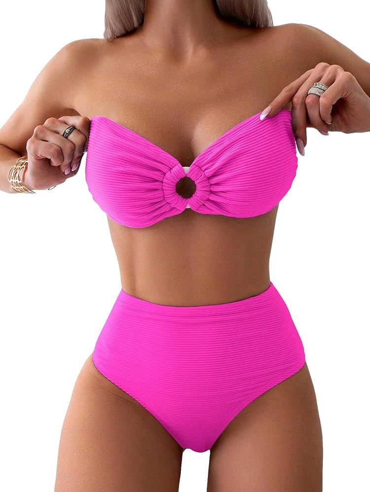 OYOANGLE Women's 2 Piece Swimsuits O Ring High Waist Bandeau Bikini Set Bathing Suit | Amazon (US)