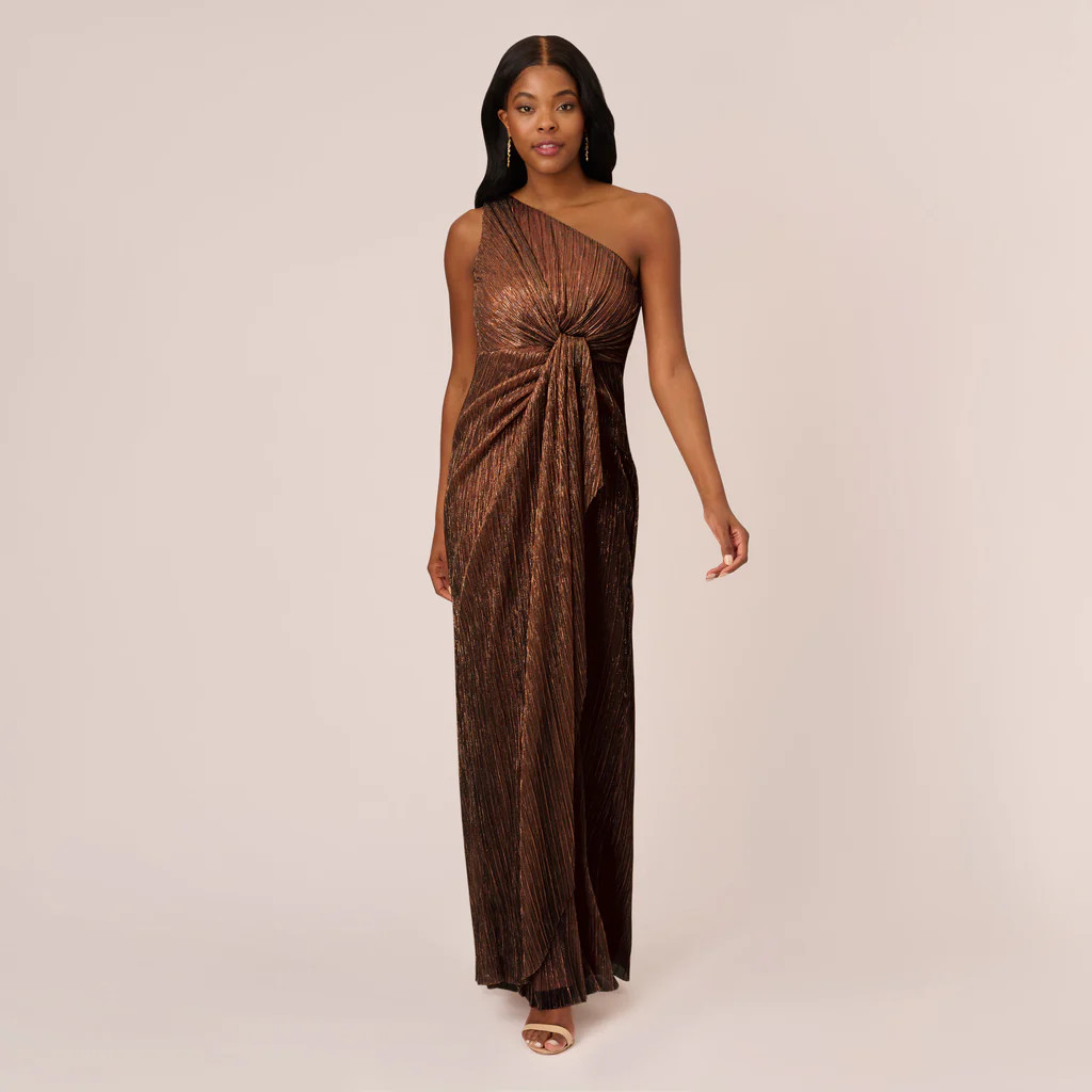 Stardust Pleated Draped One Shoulder Gown In Copper | Adrianna Papell