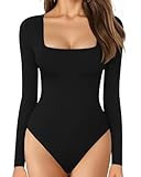MANGOPOP Black Bodysuits for Women Long Sleeve Square Neck Slim Fitted Tops (Black, Medium) | Amazon (US)