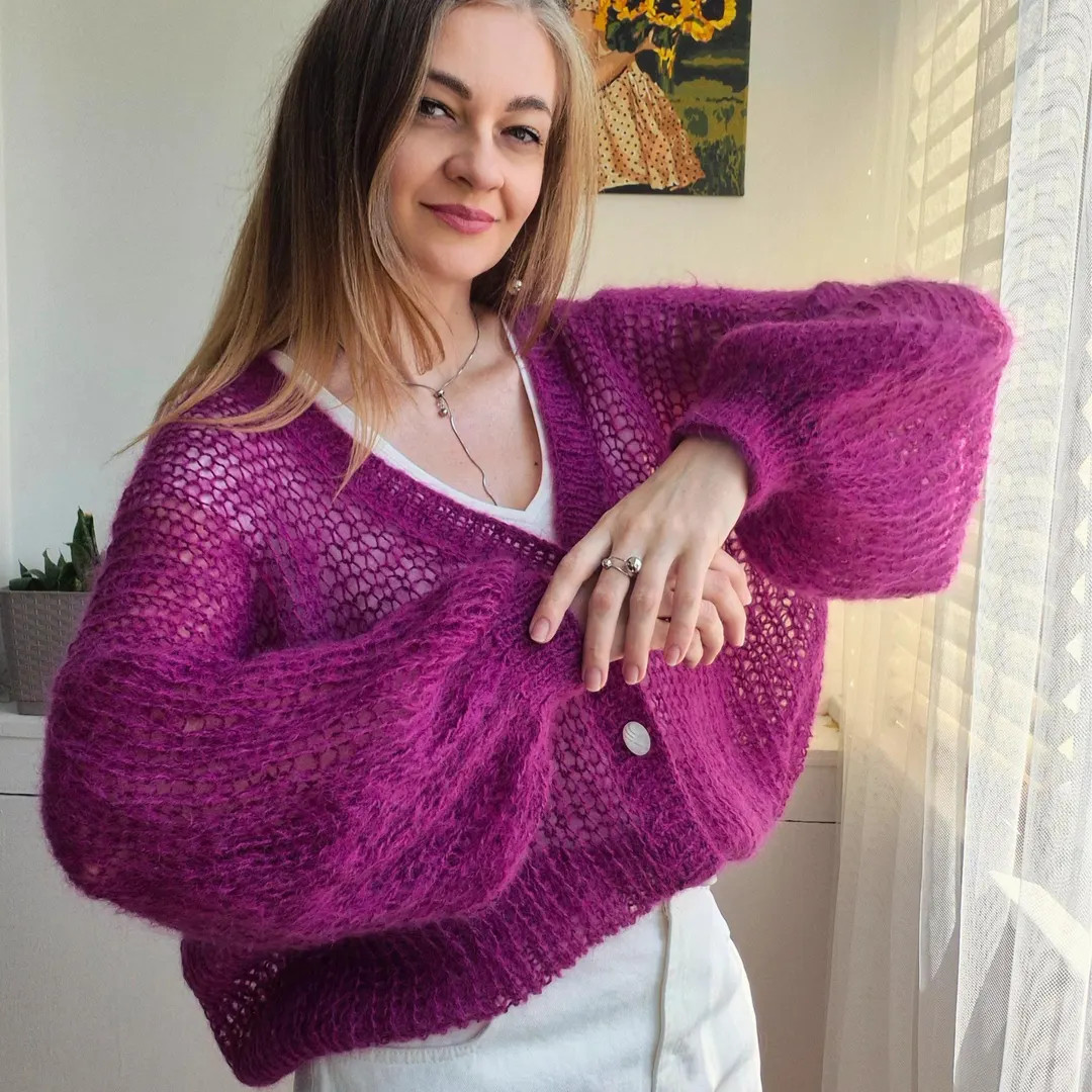Fuchsia Mohair Cardigan Women | Bold Statement Knitwear | Oversized Pink Purple Sweater - Etsy | Etsy (Global)