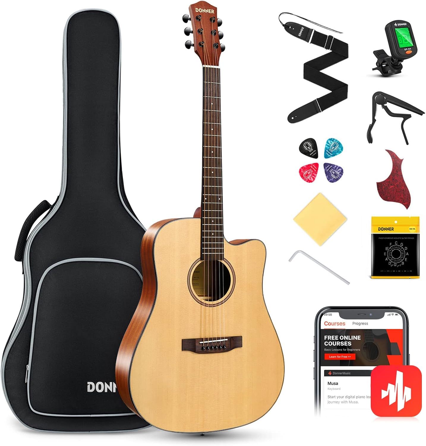 Donner Acoustic Guitar Kit for Beginner Adult Teen Full Size Cutaway Acustica Guitarra Starter Bu... | Amazon (US)