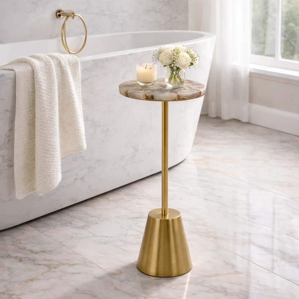 Jackins Gold Iron Accent Side Table with Polished Natural Agate Stone Top and Sculptural Pedestal... | Wayfair North America