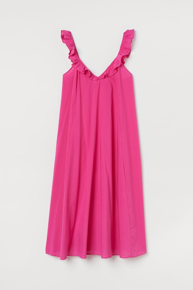 Airy, calf-length dress in woven cotton fabric. Ruffle-trimmed shoulder straps, low-cut neckline ... | H&M (US)