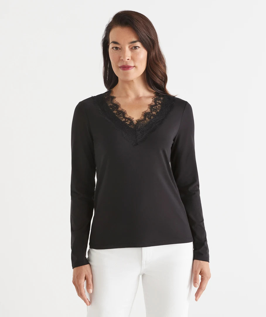 Lace Trim V Neck Top | Sussan