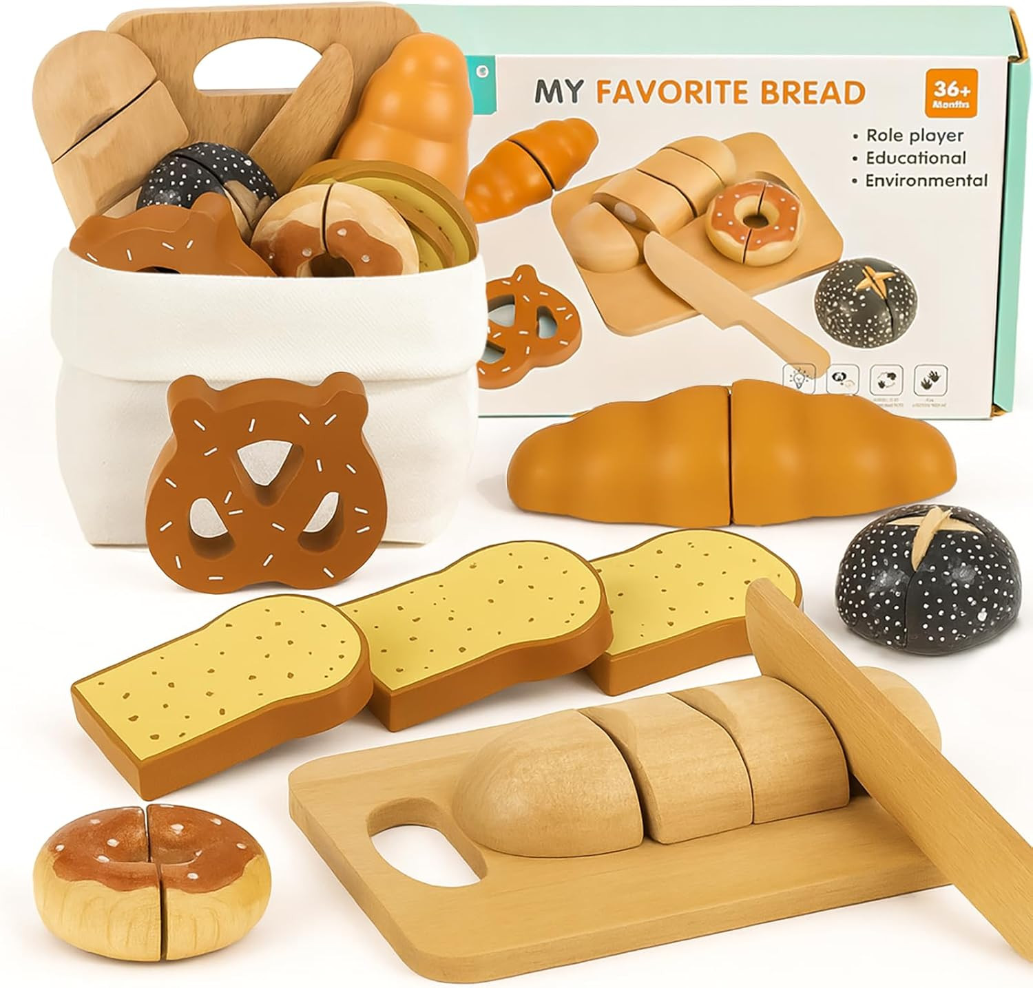 Wooden Play Kitchen Food Set, 18 Pieces Pretend Bakery Toys with Storage Bag for Kids, Birthday G... | Amazon (US)