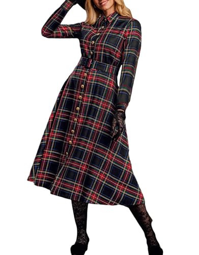 Women's Plaid Maxi Dresses Long Sleeve Elegant Button Down Church Midi Evening Dress with Belt Red | Amazon (US)