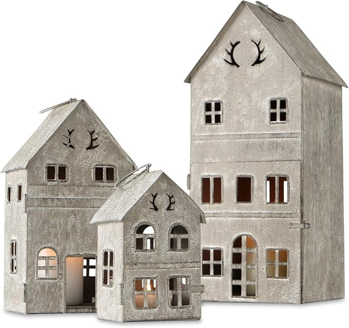 Main Street Town House Candle Lanterns, Set of 3, Vintage Style, Antler Details, Weathered White ... | Amazon (US)