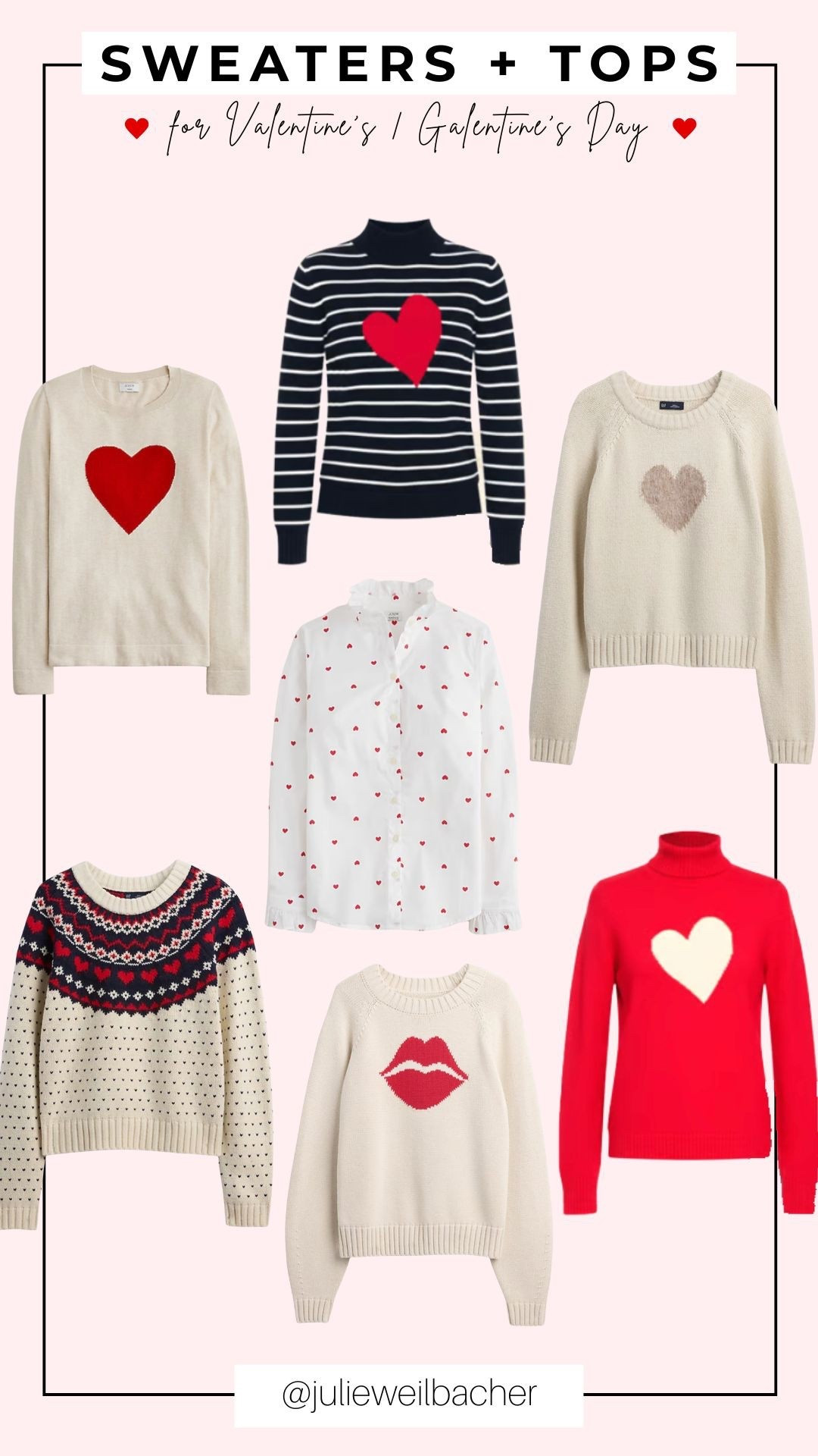Dressing in hearts for Valentine’s Day/Galentine’s is so sweet! ❤️ Here are a few sweaters and a ruffled button up which caught my eye and would be perfect for happy hour, brunch, or a quiet get together. 

#valentinesdayoutfit #galentines #heartsweater #valentinesbuttonup #redlipssweater #valentinesday #fairisleheartsweater #heartturtlenecksweater #gap #talbots #oldnavy #jcrewfactory

#LTKValentine #LTKMidsize #LTKOver40