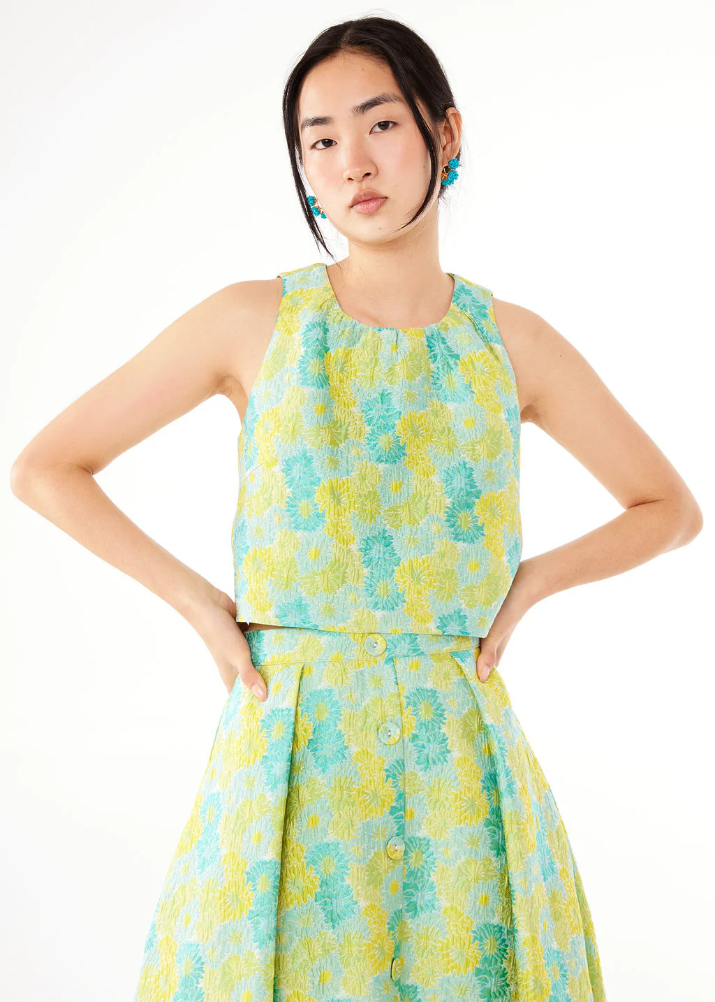 Ava Top Green Sunflower Jacquard | Abbey Glass