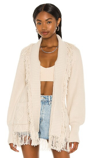 Fisherman Knit Fringe Cardigan in Stone | Revolve Clothing (Global)