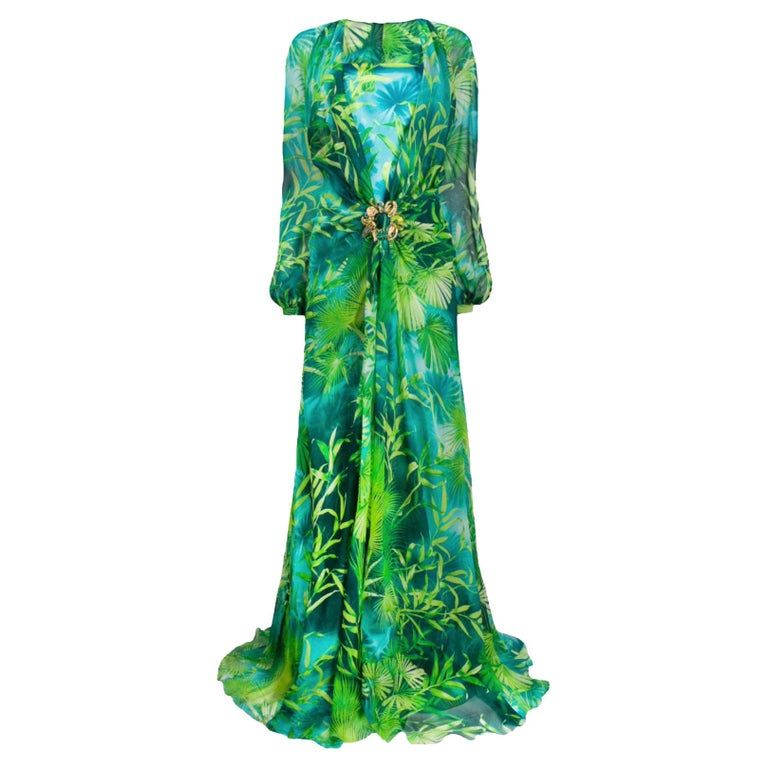 Versace Spring 2020 Green & Blue Jungle Print Floor-Length Silk Dress Size 38 | 1stDibs