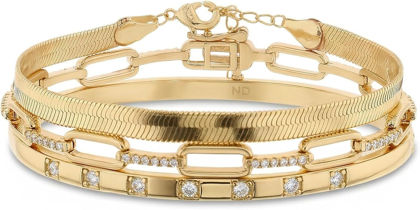 Waterproof Bracelet Set 14K Yellow Gold Plated Brass Cubic Zirconia Bracelets for Women Jewelry S... | Amazon (US)