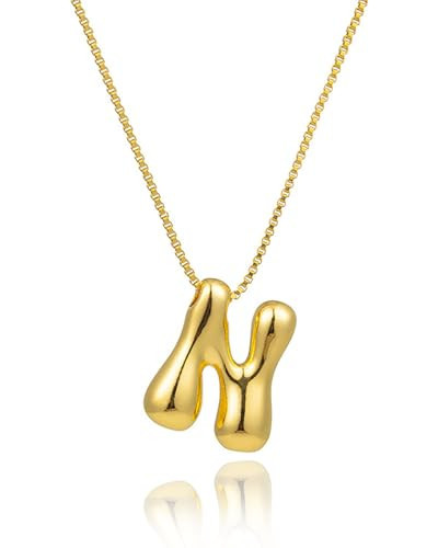 NEXIULT Bubble Letter Necklace 18K Gold Plated Balloon A-Z Initial Necklace for Women, Trendy Letter Pendant Choker Necklace Dainty Jewelry Gift (N, Gold Box Chain) | Amazon (US)
