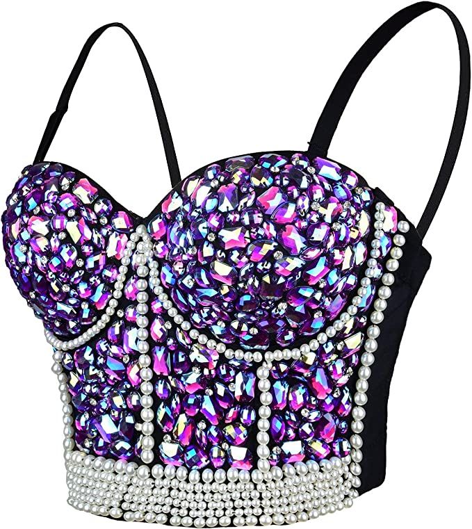 ELLACCI Women's Sexy Rhinestone Bead Bustier Crop Top Club Party Glitter Corset Top Bra Purple | Amazon (US)