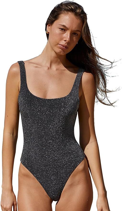 BERLOOK Women's Lurex One Piece Swimsuit Square Neck Tummy Control Backless Bathing Suits | Amazon (US)
