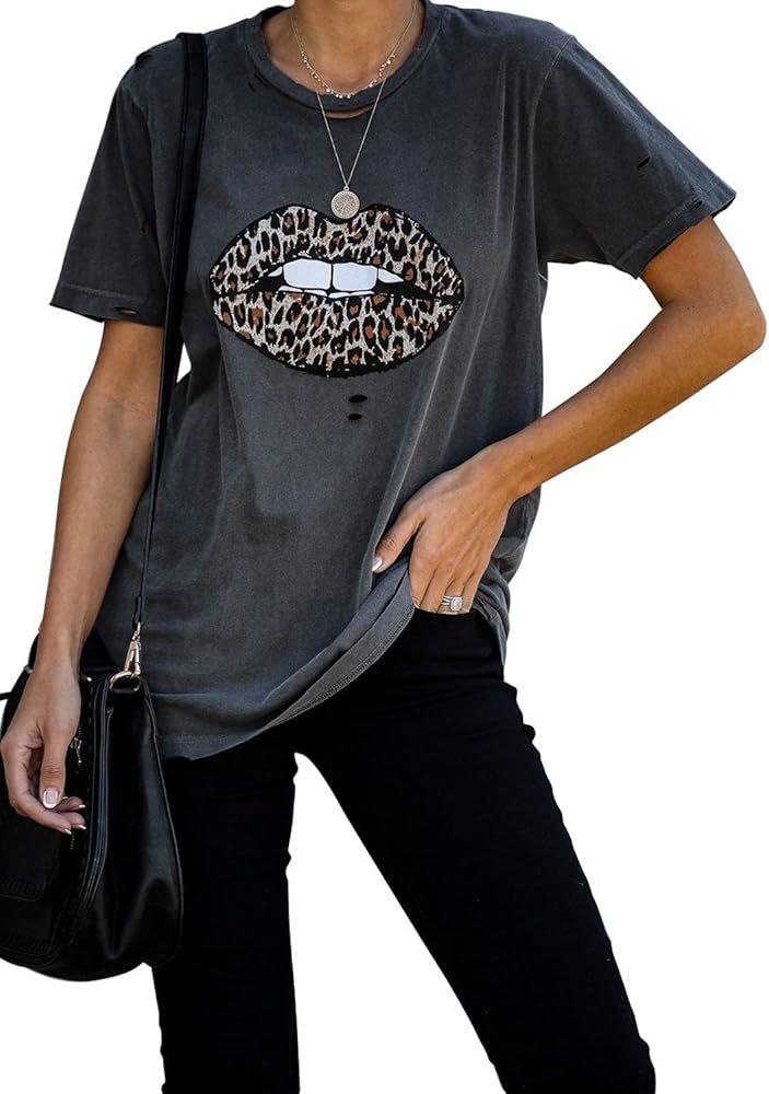 AlvaQ Womens Summer Loose Crewneck Short Sleeve Tops Graphic Print Shirts S-XXL | Amazon (US)