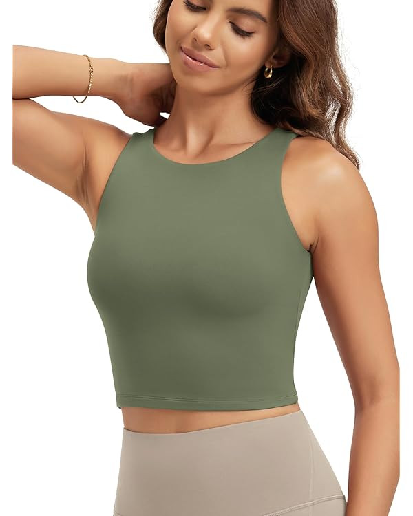 ODODOS Double Layer High Neck Crop Tank for Women Cloud Feeling Sleeveless Casual Yoga Cropped To... | Amazon (US)