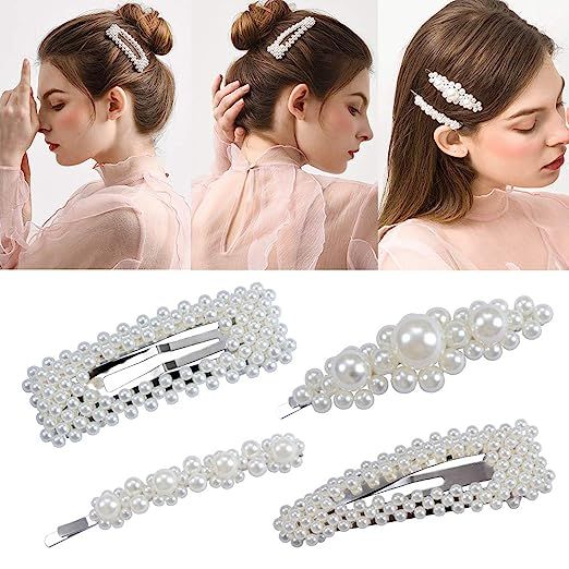 4 Pack Pearl Hair Clips for Girls Women Wedding Bridal Faux Pearl Wrapped Hair Pins Hair Barrette... | Amazon (US)