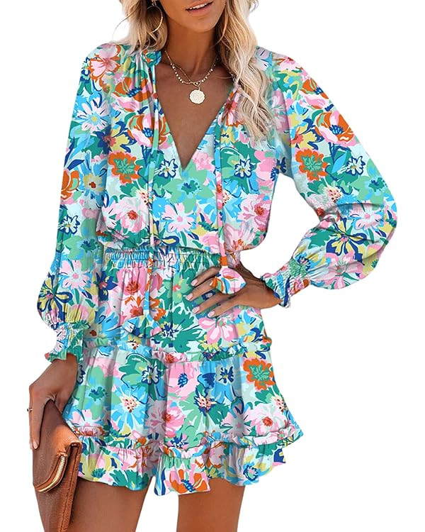 Dokotoo Summer Dresses for Women 2025 Boho Floral Drawstring V Neck Smocked Long Sleeve Ruffle Ti... | Amazon (US)