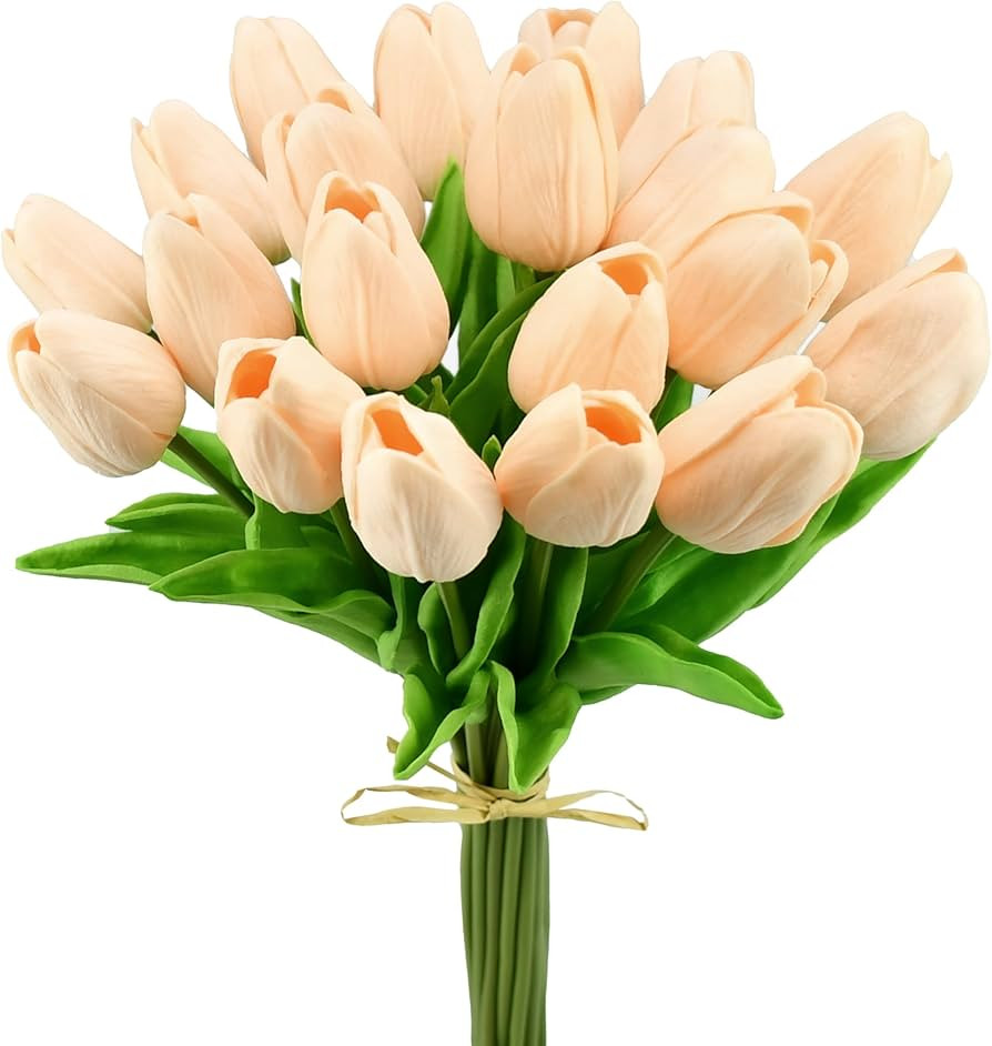Mandy's Artificial Tulips 20 Stems Champagne PU Faux Flowers for Valentine's Day and Easter Decor... | Amazon (US)