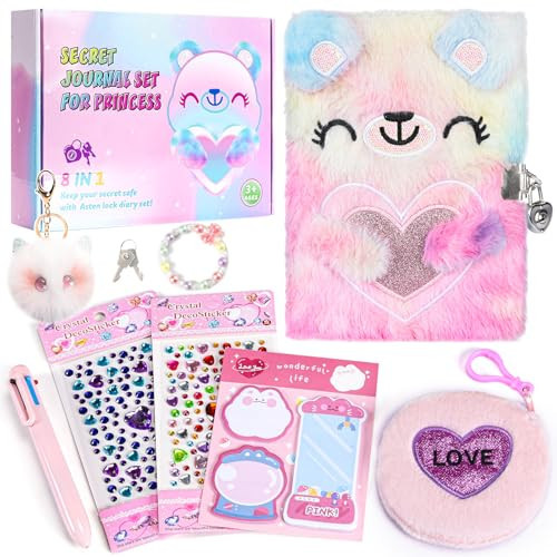 Diary for Girls Age 8-12, Girls Journal with Lock and Key, Kids Journal for Little Girls Birthday Gift, Cute Notebook with Multicolors Pen and Purse, Locking Diary Fuzzy Notebook for Writing (Pink) | Amazon (US)