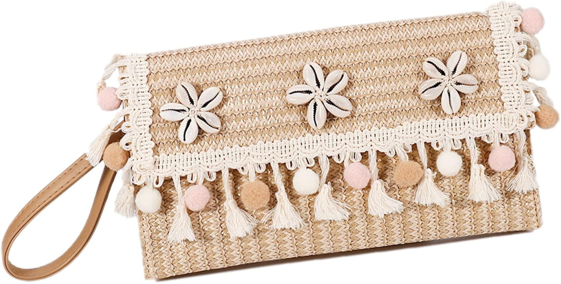 Clutch Purses for Women, Straw Beach Bag, Double Layer Envelope Package, Bohemian shell and tasse... | Amazon (US)
