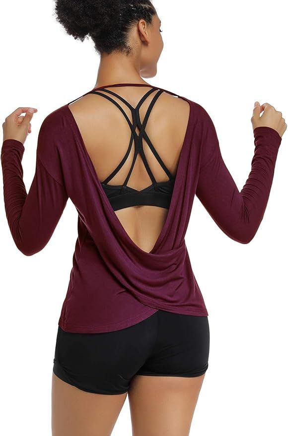 Muzniuer Women's Long Sleeve Workout Shirts Backless Yoga Shirts Cross Back Open Shirt | Amazon (US)
