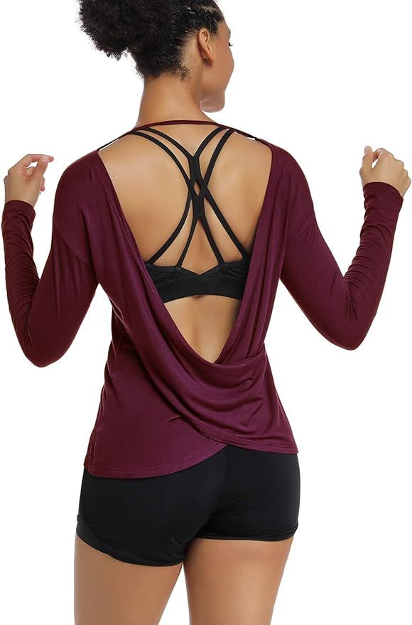 Muzniuer Women's Long Sleeve Workout Shirts Backless Yoga Shirts Cross Back Open Shirt | Amazon (US)