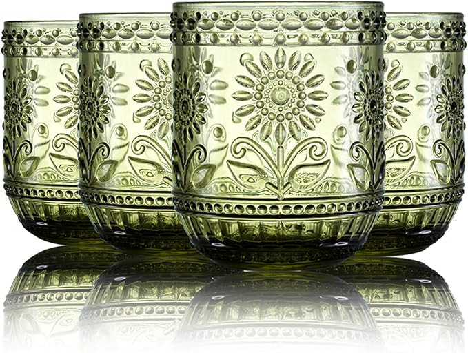 Floral Embossed Water Glasses 12 Oz, Vintage Drinking Glasses Set of 4, Colored Glass Tumblers (G... | Amazon (US)