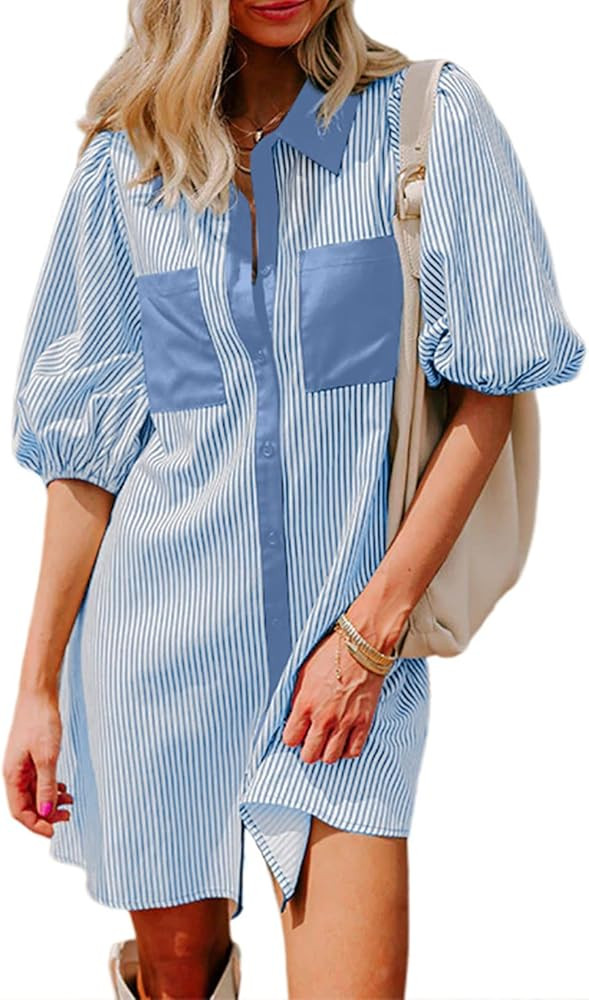 AlvaQ Women Dress Summer 2025 Casual V Neck Short Sleeve Button Down Striped Tunic Dresses with P... | Amazon (US)