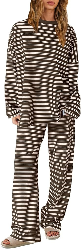 SENSERISE Womens Striped Lounge Set 2 Piece Outfits Striped Long Sleeve Shirt Wide Leg Pants Paja... | Amazon (US)