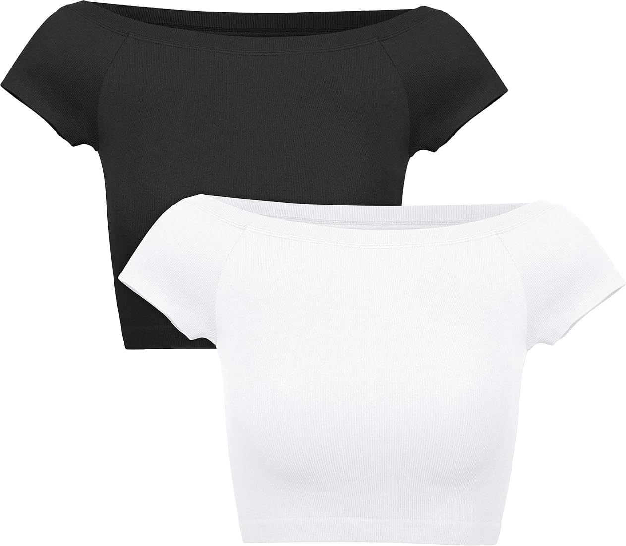 ODODOS 2-Pack Off Shoulder Crop Tops for Women Shorts Sleeve Seamless Cropped Top Ribbed T-Shirts | Amazon (US)