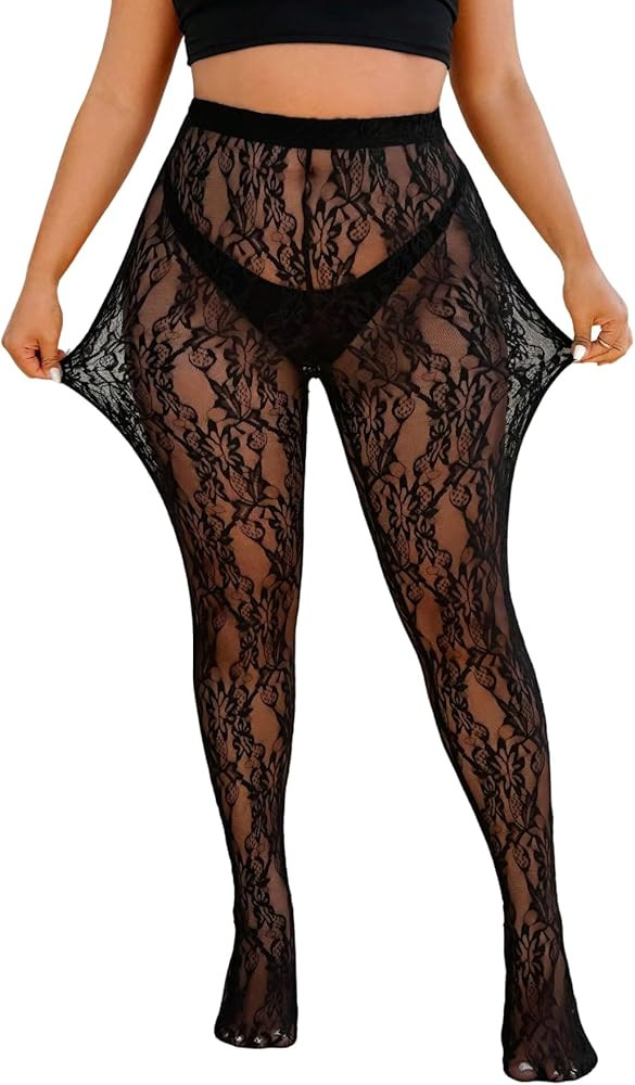 WDIRARA Women's Plus Size Lace Mesh Sheer Tights High Waisted Stockings Pantyhose | Amazon (US)