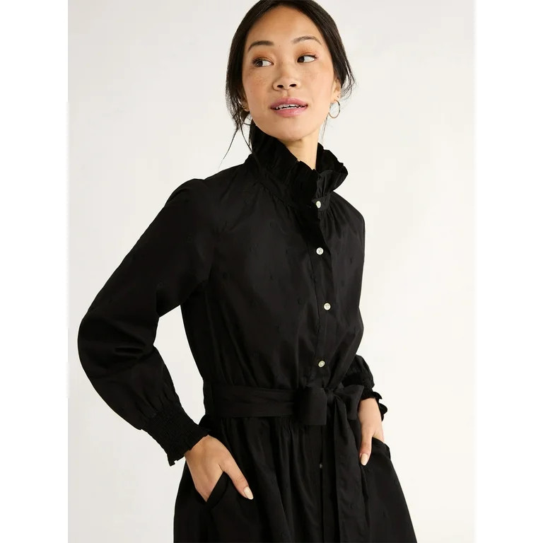 Free Assembly Women's Ruffle Neck Cotton Embroidered Midi Dress, Sizes XS-XXL - Walmart.com | Walmart (US)