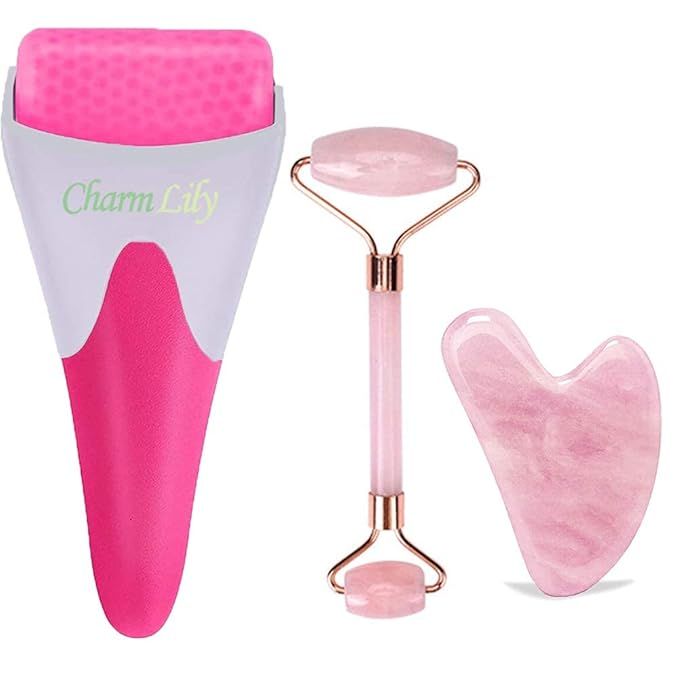 Rose Quartz & Ice Roller + Gua Sha Massager Tool Set for Face & Eyes by Charmlily, Puffiness, Red... | Amazon (US)