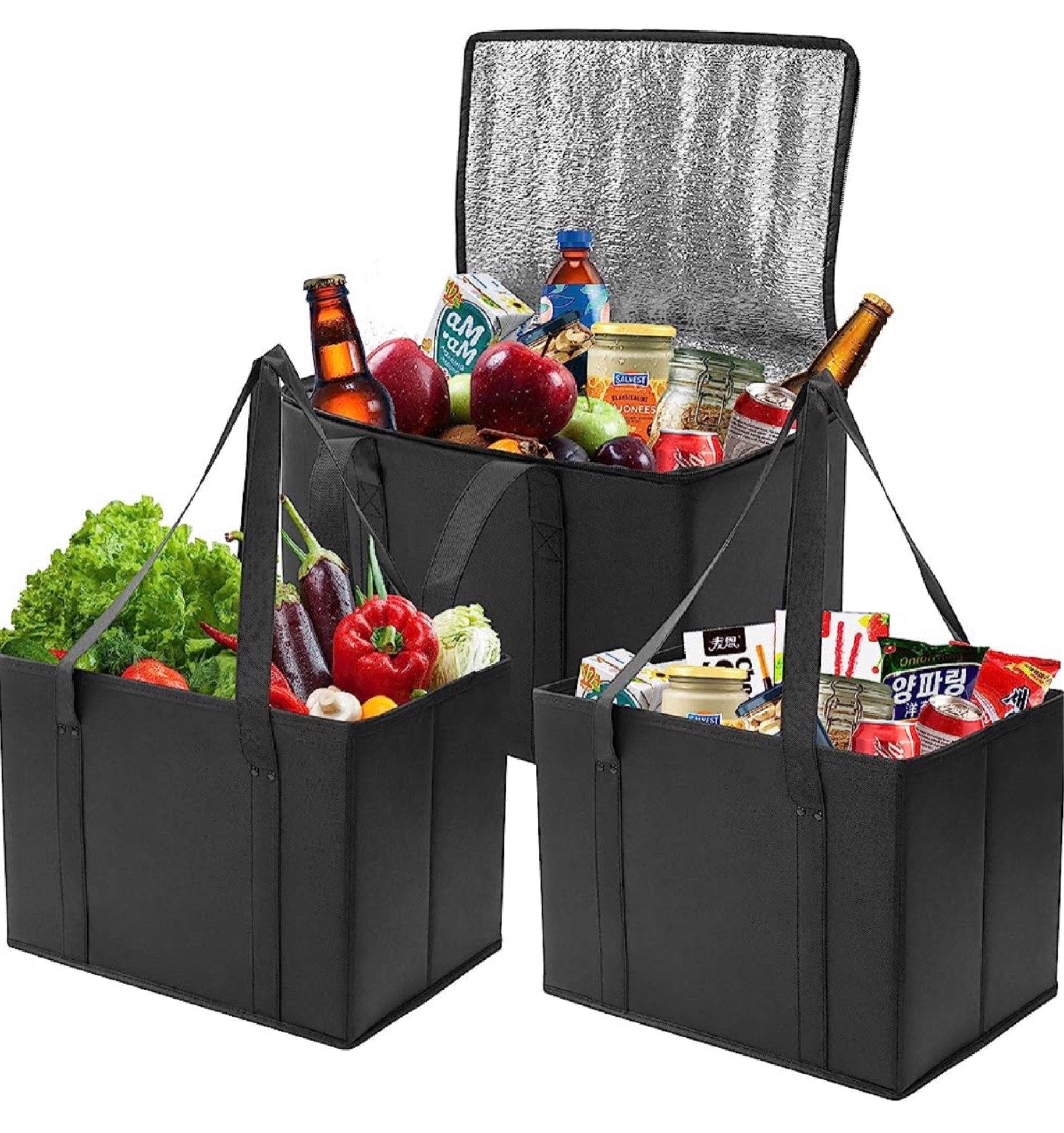 4 Packs Reusable Grocery Shopping Bag w/ bottle holder, Hard bottom,  Foldable, Multipurpose