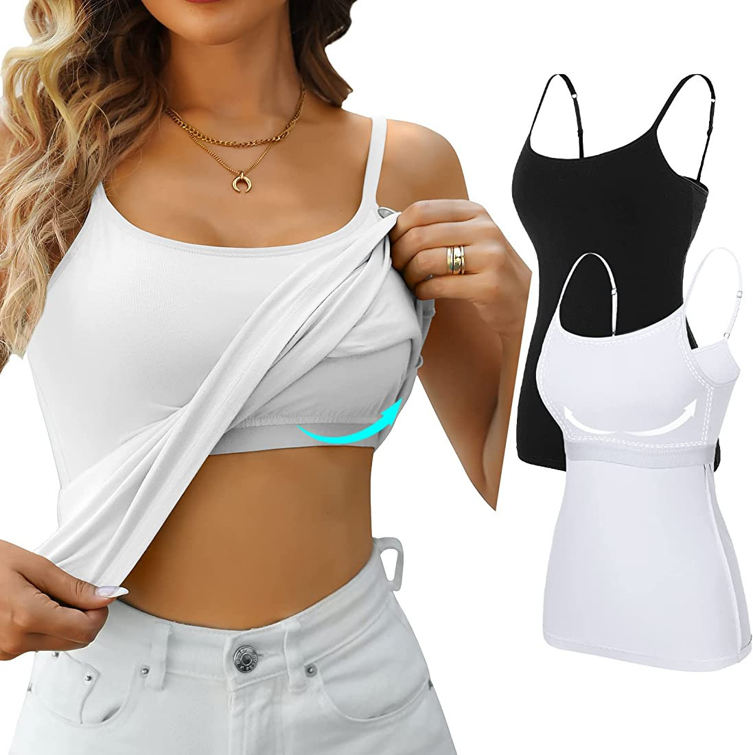 V FOR CITY Cotton Shelf Bra Camisoles Adjustable Spaghetti Strap Tank Tops Scoop Neck Layer Cami ... | Amazon (US)