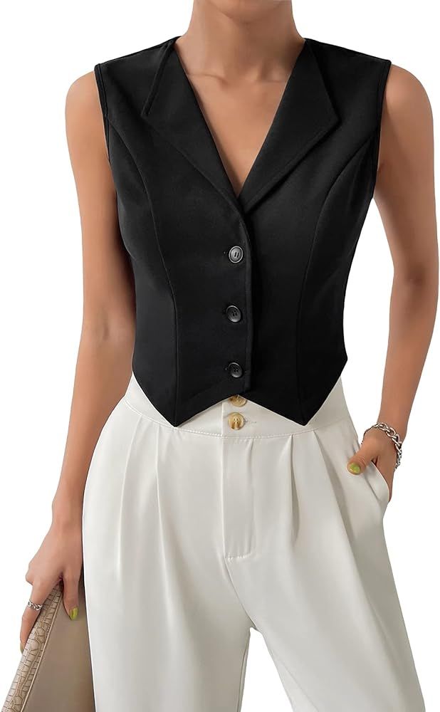 Verdusa Women's Button Front Lapel Collar Sleeveless Crop Vest Waistcoat Jacket | Amazon (US)