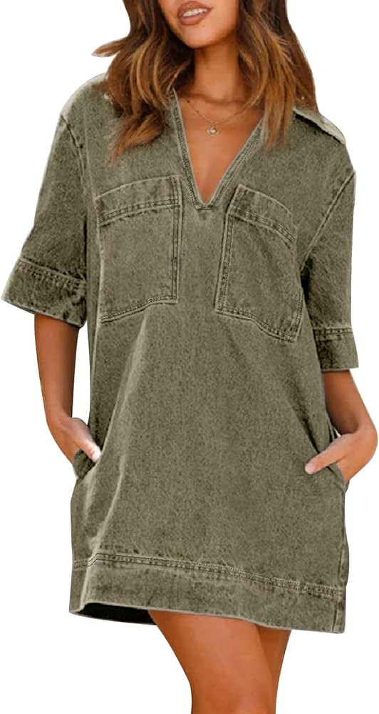 ZENTHACE Womens Summer Shift Mini Denim Dress Loose Casual Deep V Neck Half Sleeve Collared Jean ... | Amazon (US)