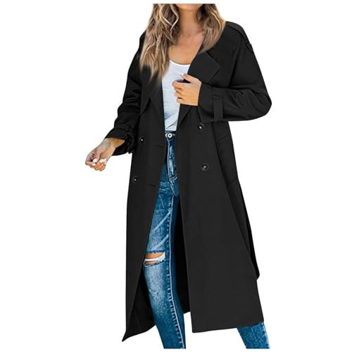 Women's Trench Coat Double Breasted Long Trench Coat Spring Fall Fashion Windproof Classic Lapel Overcoat with Belt Trench Coat for Women 2025 Petite Trench Coat Black | Amazon (US)