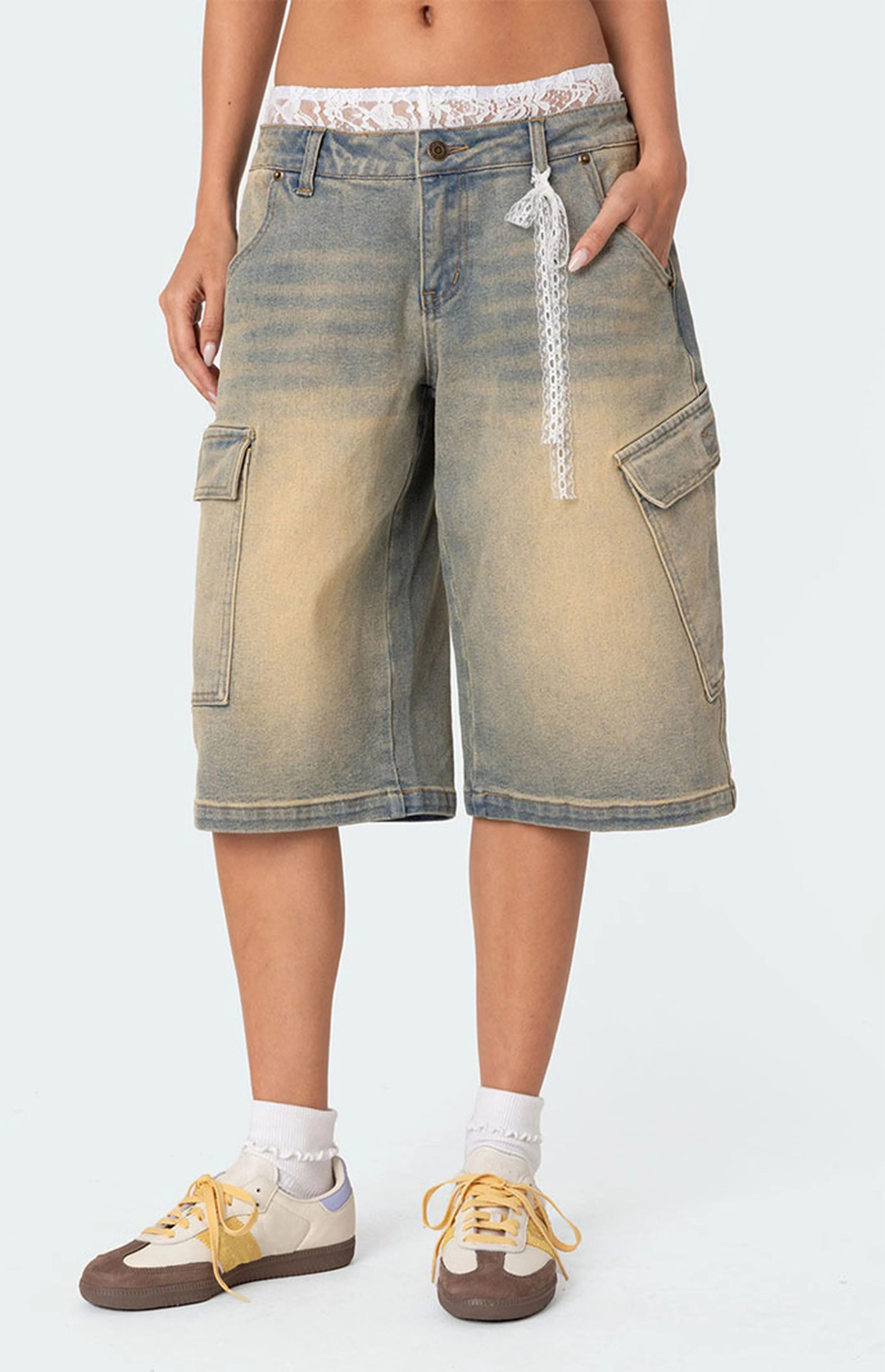 Edikted Lace Boxer Denim Bermuda Shorts | PacSun