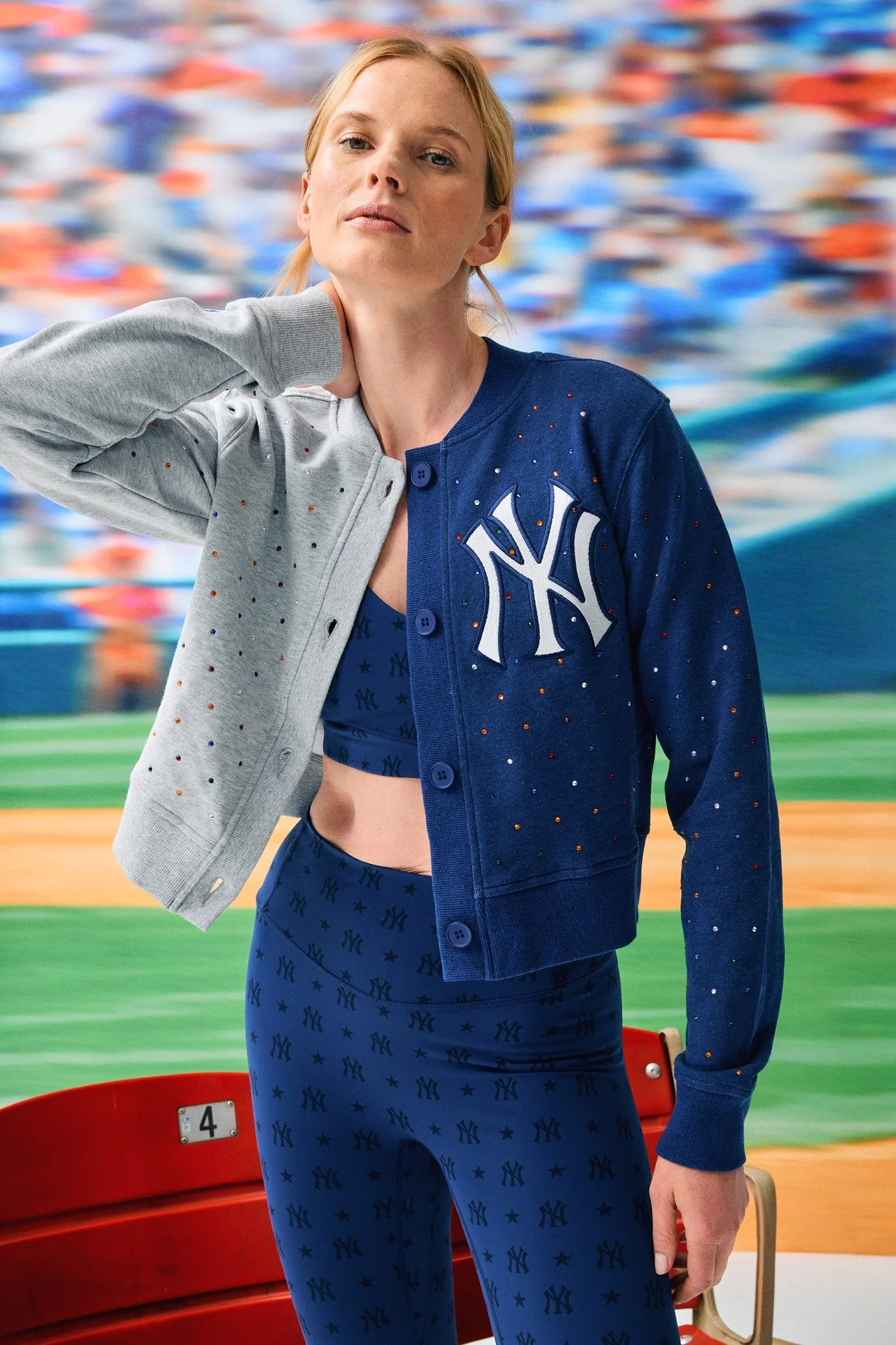 Yankees Colorblock Gems Crop Chili Cardigan | Terez