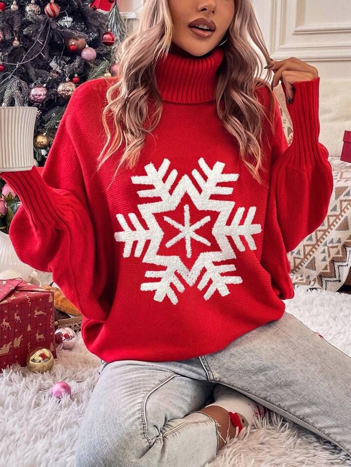 SHEIN Frenchy Snowflake Pattern Turtleneck Batwing Sleeve Sweater | SHEIN