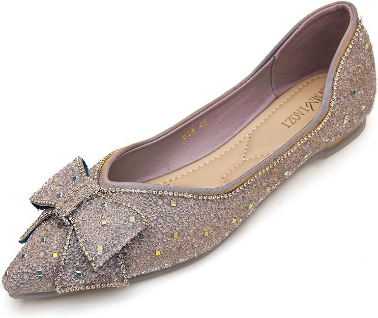 LiupanUp Women's Pointed Rhinestone Flat Shoes Glitter Flowers Wedding Comfortable Dress Shoes | Amazon (US)