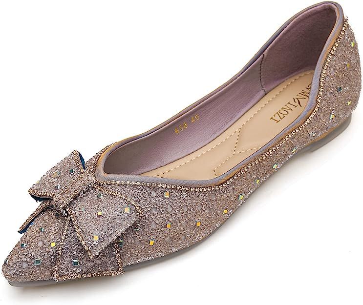 LiupanUp Women's Pointed Rhinestone Flat Shoes Glitter Flowers Wedding Comfortable Dress Shoes | Amazon (US)