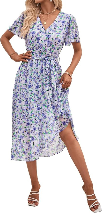 PRETTYGARDEN Women's 2024 Floral Boho Dress Wrap V Neck Short Sleeve Belted Ruffle Hem A-Line Flo... | Amazon (US)