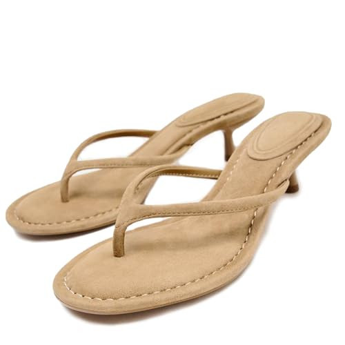 CEFISOP Suede Flip Flops for Women Open Round Toe Thong Heeled Sandals Low Kitten Heels Comfortable Summer Slip On Slides Shoes Suede Brown Size 8 | Amazon (US)