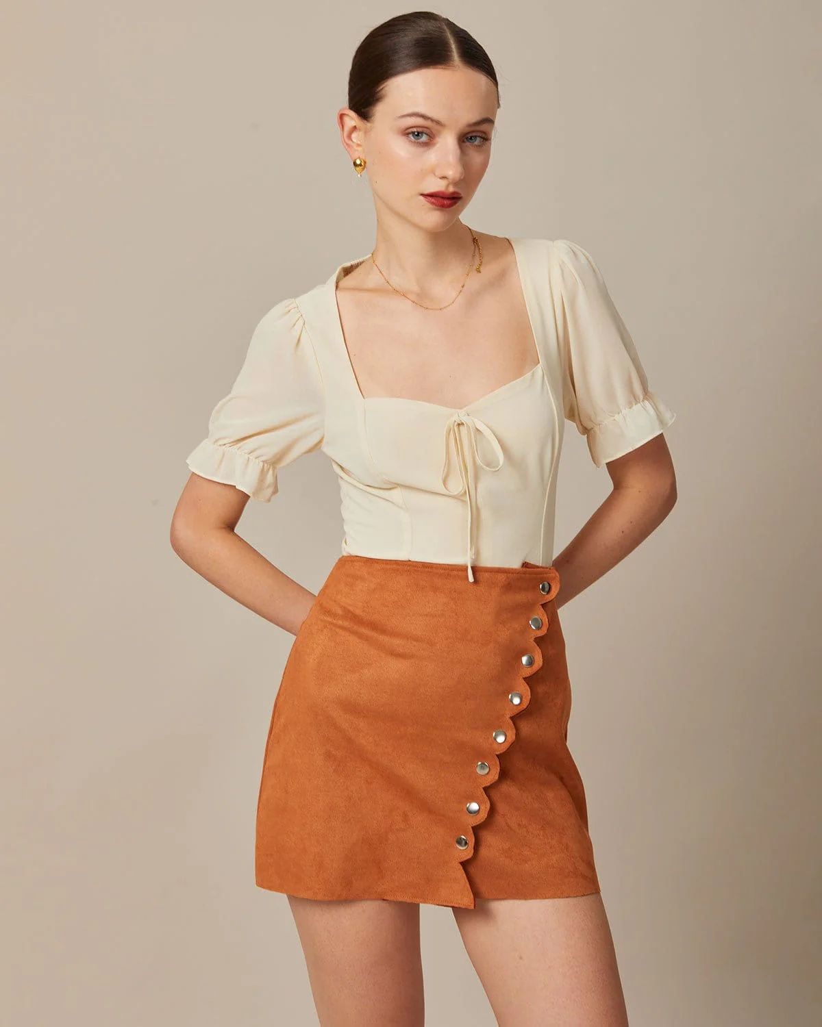 The Beige Sweetheart Neck Puff Sleeve Sheer Blouse & Reviews - Beige - Tops | RIHOAS | rihoas.com